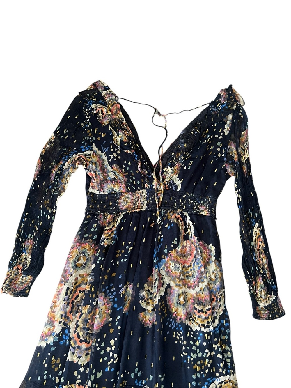 Anthropologie Women’s Smocked V-Neck Metallic Abstract Ruffle Blue Maxi Dress XL - Picture 8 of 16